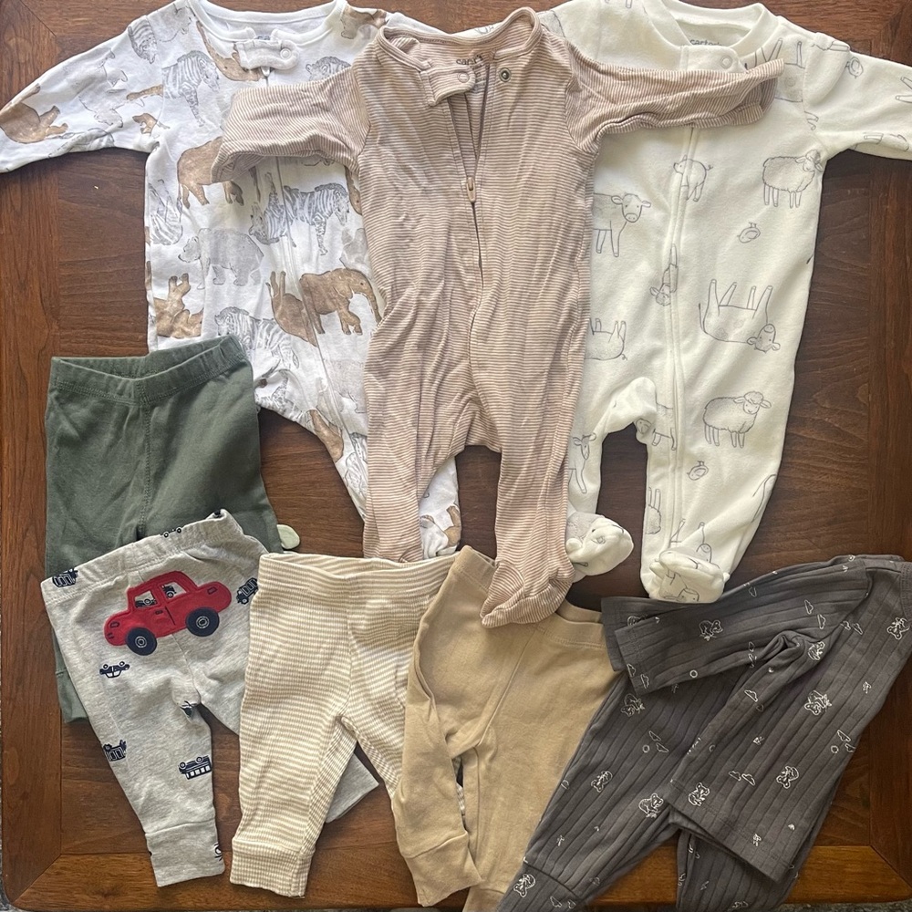 9 pc Bundle: 3 onesies , 1 shirt, 5 pants
